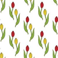 Seamless background of red and yellow tulips. Endless pattern with flowers for your design. vector