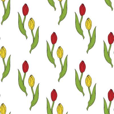 Seamless background of red and yellow tulips. Endless pattern with flowers for your design.