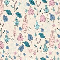 Seamless background with different green, pink and blue leaves. Endless pattern on light beige background for your design. Vector image.