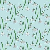 Seamless background with snowdrops on light blue background. Endless pattern for your design. vector