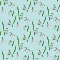 Seamless background with snowdrops on light blue background. Endless pattern for your design. vector