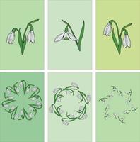 Set of 6 spring backgrounds with snowdrops for postcards, notebooks,  business cards, any promotional products. Collection of backgrounds for your design. vector