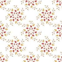 Seamless pattern with vertical round frames of orange branches, yellow and red leaves on white background. Endless background for your design. vector