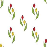 Seamless background of beautiful red and yellow tulips. Endless pattern with flowers for your design. vector