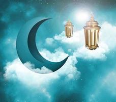 media luna islámica con linterna para ramadan kareem. media luna, diseño de ilustración 3d de lámpara dorada foto