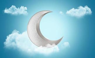 Crescent moon Islamic symbol Eid Mubarak in the sky Clouds Bright Background 3d illustration photo