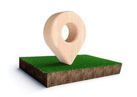 señal de ubicación de madera en el parche de hierba suelo tierra pieza cortada ilustración 3d foto