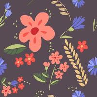 Bouquet of wildflowers, cornflowers, blades of grass and spikelets seamless pattern vector