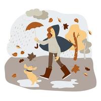 una chica con impermeable y botas de goma camina bajo la lluvia bajo un paraguas con un cachorro en otoño en el parque vector