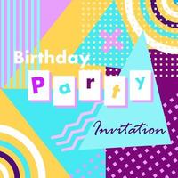 fondo abstracto en tarjeta de invitación de fiesta de cumpleaños cuadrada de estilo memphis vector
