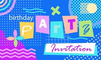 fondo abstracto en tarjeta de invitación de fiesta de cumpleaños de estilo memphis vector