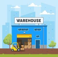 The warehouse building is blue. The loader carries the goods to the warehouse. Logistics and delivery. Flat vector illustration in square format