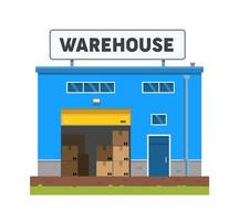 The warehouse building is blue and small. Industrial building. Logistics and delivery. Flat vector illustration isolated on white background