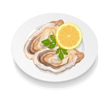 Oysters on a plate with lemon and herbs. Fresh sea delicacies. Seafood. Vector realistic illustration