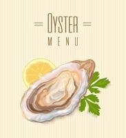 Oysters with lemon and herbs. Restaurant menu cover. Fresh sea delicacies. Seafood. Vector realistic illustration