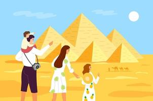 Pyramids of Egypt. A family of tourists looks at the Egyptian pyramids. Pyramid of Cheops in Cairo, Giza. Egyptian stone structures. Vector illustration