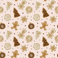Hand drawn seamless pattern with cookie. Cute gingerbread repeating wallpaper. Vector design for Christmas season.
