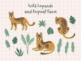 Creative hand drawn collection of leopards and tropical leaves. Trendy design. vector