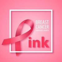 Word Pink with pink ribbon instead letter P. Symbol of Breast Cancer awareness month. Vector banner.