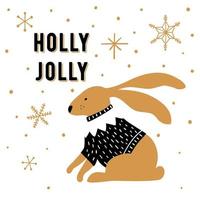 Scandinavian style Christmas greeting card. Cute hand drawn rabbit and phrase Holly Jolly. Vector illustration.