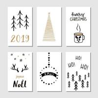 Christmas hand drawn greeting cards with Christmas trees, deer, snowflakes, cacao cup, balls and lettering. Vector illustration.