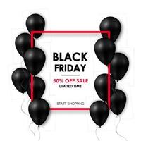 Black friday Sale banner. Shiny black balloons on white background with red frame. Vector design template.