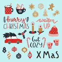 Set of Merry Christmas and Happy New Year elements. Cozy winter season.Vector illustration with christmas tree, lettering, car, toys, gingerbread, cup of hot chocolate, winter wool hat and mittens. vector