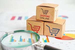 Online shopping, Shopping cart box on business graph, import export, finance commerce. photo