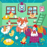 familia divertida de gallo y gallina con zorro en gallinero. ilustración de color vectorial. imagen para el diseño de carteles, libros, rompecabezas. vector