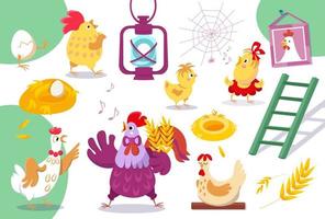 Chicken family. Cute rooster and hen in chicken coop. Vector color illustrations on white background. Icons for design of posters, books, puzzles.