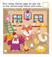 Count and write. Educational game for children. Funny family of rooster and hen with fox in chicken coop. Vector color illustration.