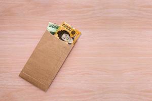 Pink wallet on wood table background. photo