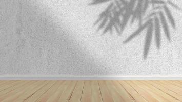 Concept of leaf shadow and light on gray cement wall and wooden floor. photo