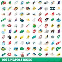 100 signpost icons set, isometric 3d style vector