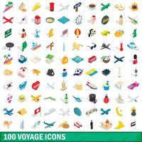 100 voyage icons set, isometric 3d style vector