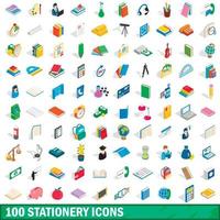 100 stationery icons set, isometric 3d style vector