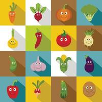 Smiling vegetables icons set, flat style vector