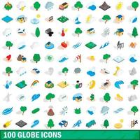 100 globe icons set, isometric 3d style vector
