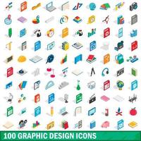 100 graphic design icons set, isometric 3d style vector