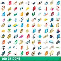 100 dj icons set, isometric 3d style vector