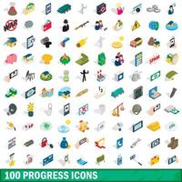 100 progress icons set, isometric 3d style vector