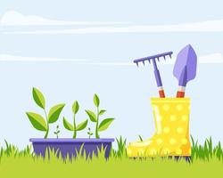 Garden box with green flower seedlings, yellow rubber boot with garden tools against blue sky. Summer gardening banner with seedlings. Agricultural and farm concept vector