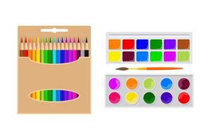 Box with colored pencils, watercolor paints, gouache, brush for drawing. Office supply , stationery for school, drawing lessons. Top view vector