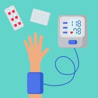 Measurement of blood pressure using tonometer. Sphygmomanometer. Person measures blood pressure. Pills are on table. Concept of health, treatment of high blood pressure vector