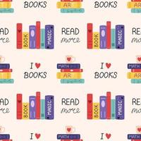 Vector seamless pattern with stacks of books. I love book and read more lettering. Background.