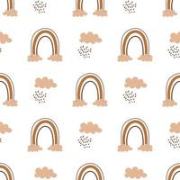 Vector seamless pattern with abstract rainbows with clouds. Boho rainbows with rain. Cute background.