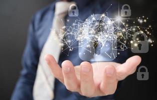 Hand use smartphone with cybersecurity is the concept of information security and encryption, secure access to personal information, secure Internet access, and cybersecurity. photo