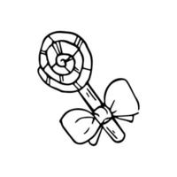 Hand drawn doodle lollipop with bow. Black and white candy. Outline. vector