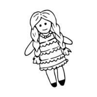 Hand drawn doodle doll with doll in dress. Vector children's toy. Doll with pigtails. Outline.