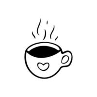 Hand drawn doodle cup of coffee or tea. Simple vector illustration of the mug with heart.